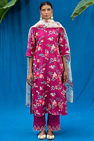 Burgundy Printed & Hand Embroidered Kurta Set by Pita Nila