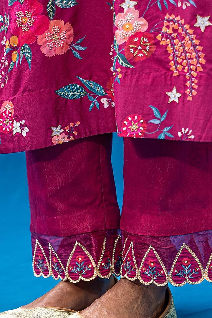 Burgundy Printed & Hand Embroidered Kurta Set by Pita Nila at Pernia's Pop Up Shop