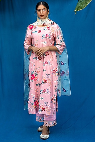 Coral Beige Printed & Hand Embroidered Kurta Set by Pita Nila