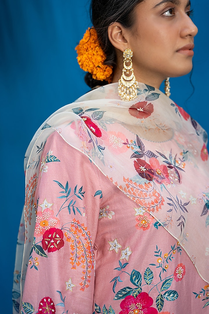 Coral Beige Printed & Hand Embroidered Kurta Set by Pita Nila at Pernia's Pop Up Shop