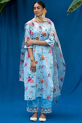 Powder Blue Printed & Hand Embroidered Kurta Set by Pita Nila