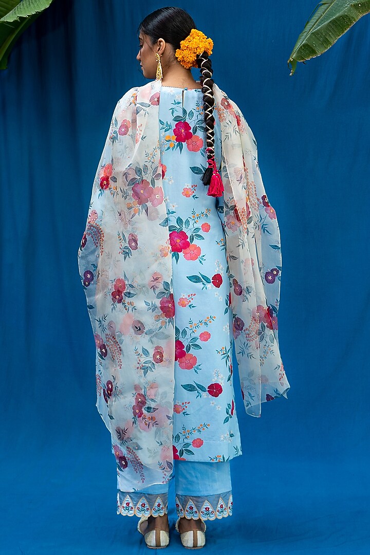 Powder Blue Printed & Hand Embroidered Kurta Set by Pita Nila at Pernia's Pop Up Shop