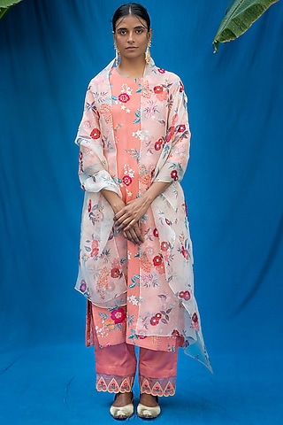 Salmon Peach Printed & Hand Embroidered Kurta Set by Pita Nila