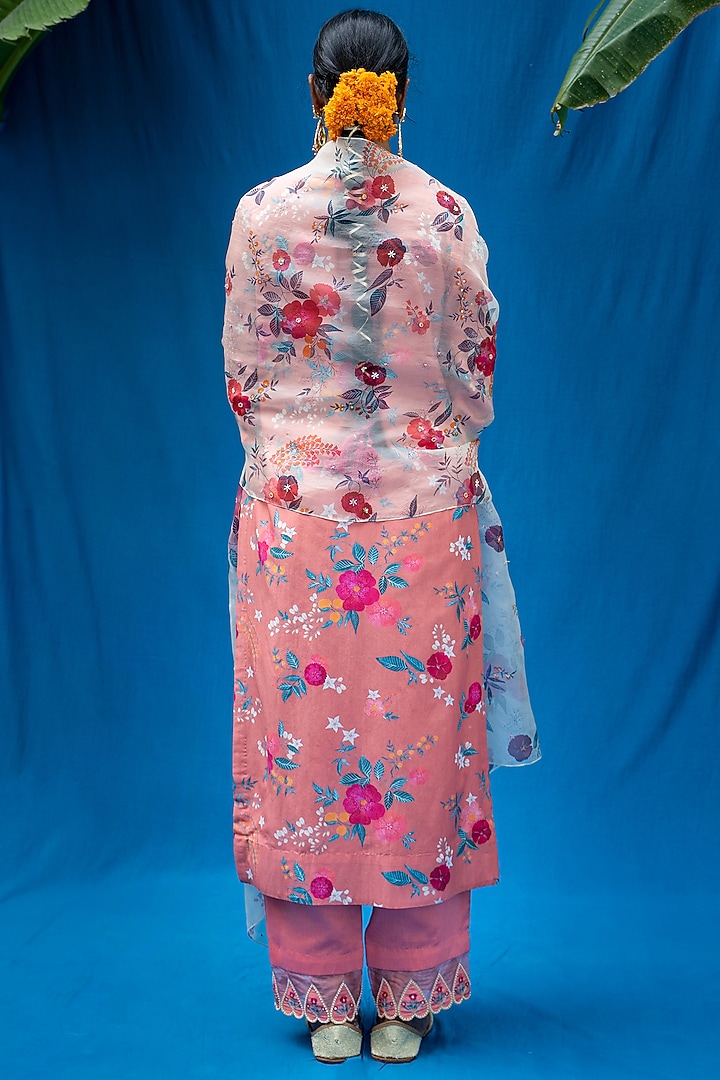 Salmon Peach Printed & Hand Embroidered Kurta Set by Pita Nila at Pernia's Pop Up Shop