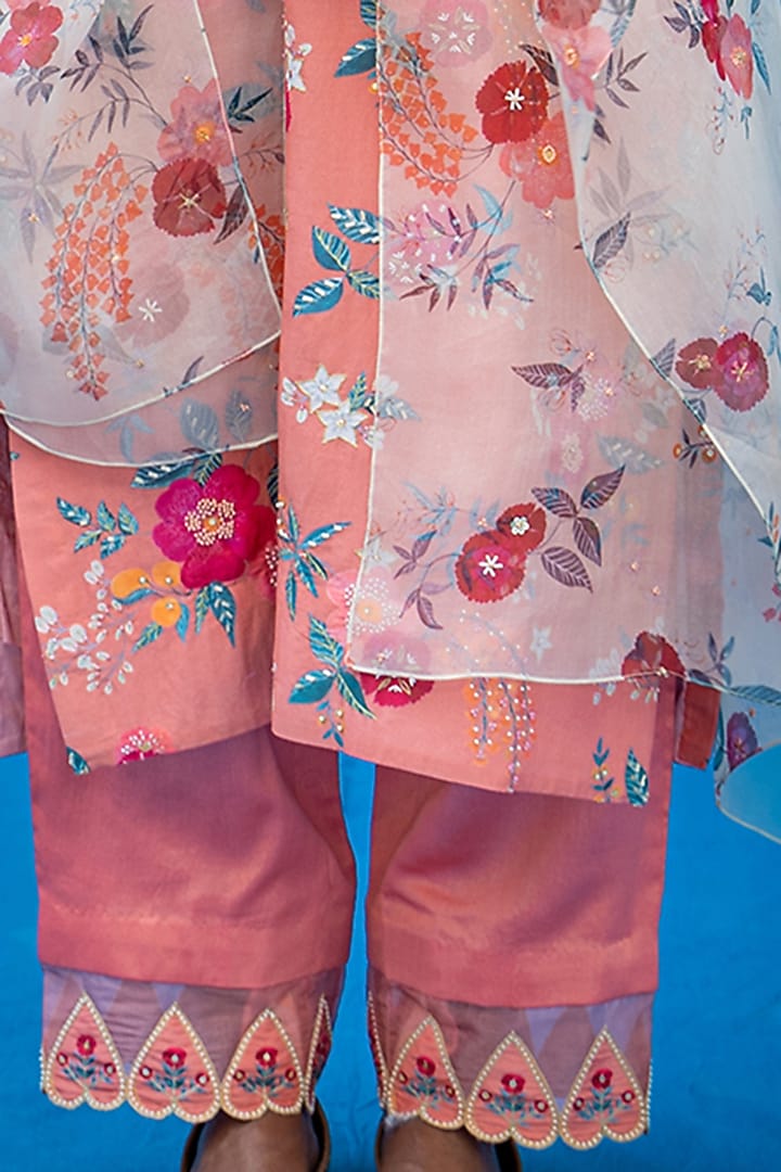 Salmon Peach Printed & Hand Embroidered Kurta Set by Pita Nila at Pernia's Pop Up Shop