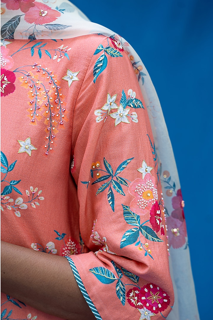 Salmon Peach Printed & Hand Embroidered Kurta Set by Pita Nila at Pernia's Pop Up Shop