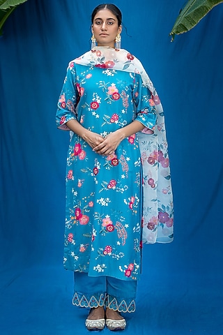 Teal Blue Printed & Hand Embroidered Kurta Set by Pita Nila