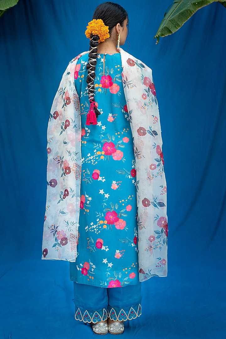 Teal Blue Printed & Hand Embroidered Kurta Set by Pita Nila at Pernia's Pop Up Shop