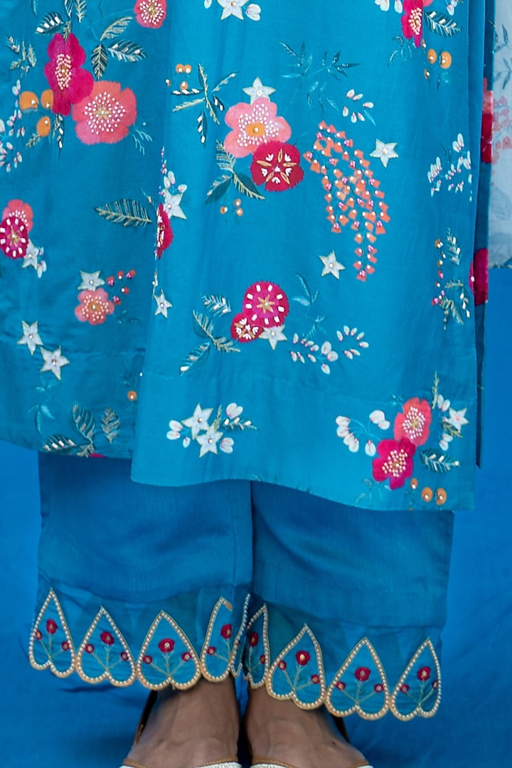 Teal Blue Printed & Hand Embroidered Kurta Set by Pita Nila at Pernia's Pop Up Shop