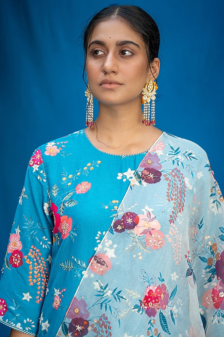 Teal Blue Printed & Hand Embroidered Kurta Set by Pita Nila at Pernia's Pop Up Shop