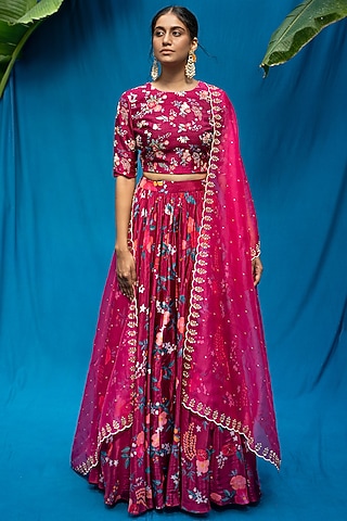 Burgundy Printed Lehenga Set by Pita Nila