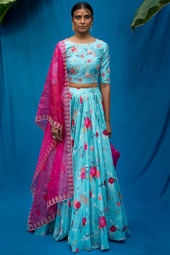 Turquoise Printed Wedding Lehenga Set by Pita Nila at Pernia's Pop Up Shop