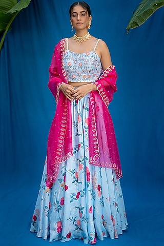 Powder Blue Printed Lehenga Set by Pita Nila
