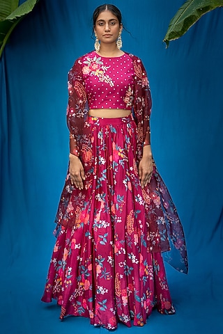 Burgundy Printed Gathered Lehenga Set by Pita Nila