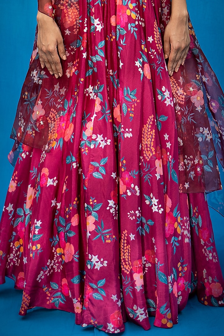 Burgundy Printed Gathered Wedding Lehenga Set by Pita Nila at Pernia's Pop Up Shop
