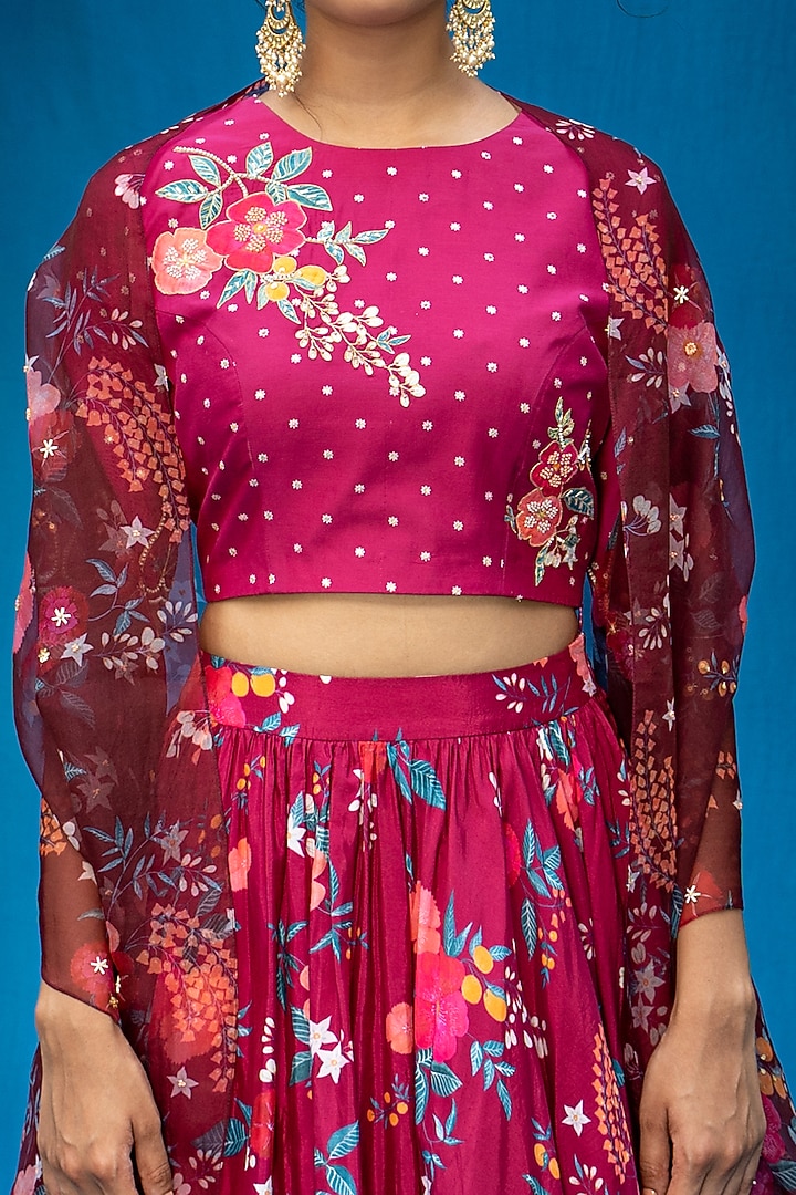 Burgundy Printed Gathered Wedding Lehenga Set by Pita Nila at Pernia's Pop Up Shop