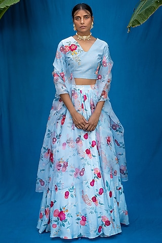 Powder Blue Printed Gathered Lehenga Set by Pita Nila