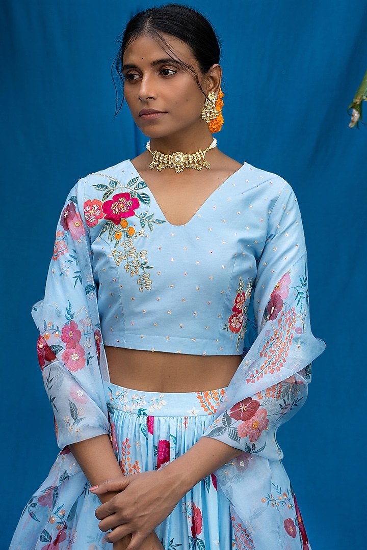 Powder Blue Printed Gathered Wedding Lehenga Set by Pita Nila at Pernia's Pop Up Shop