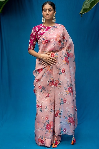 Coral Beige Hand Embroidered Saree Set by Pita Nila