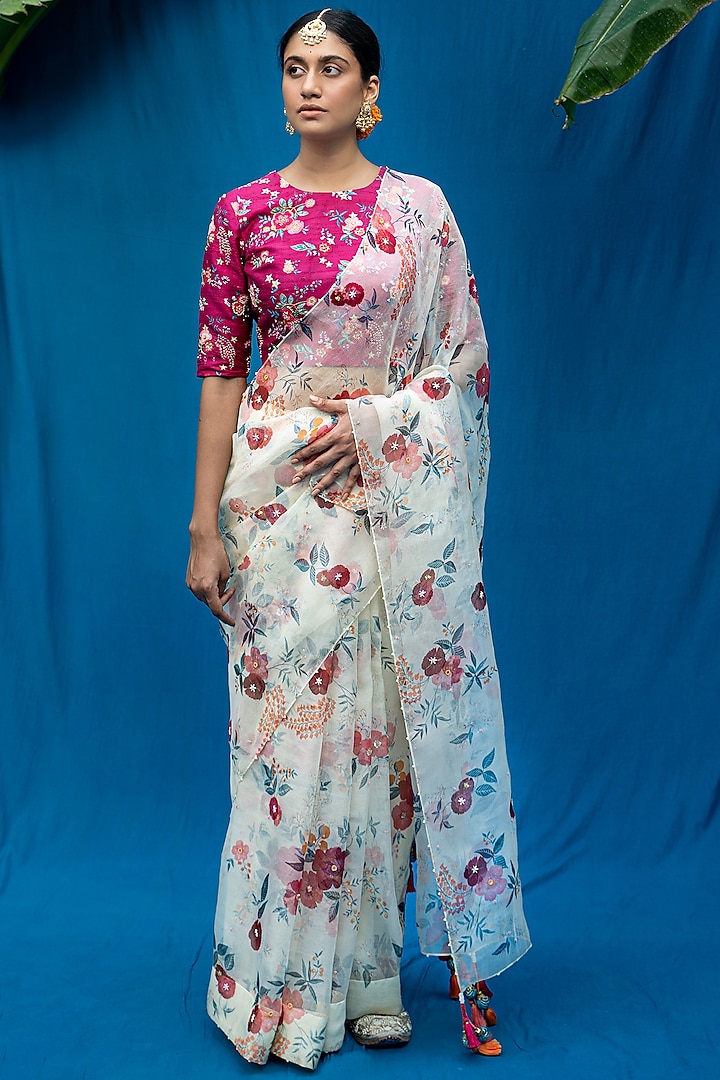 Cream Hand Embellished Saree Set by Pita Nila