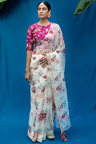 Cream Hand Embellished Saree Set by Pita Nila