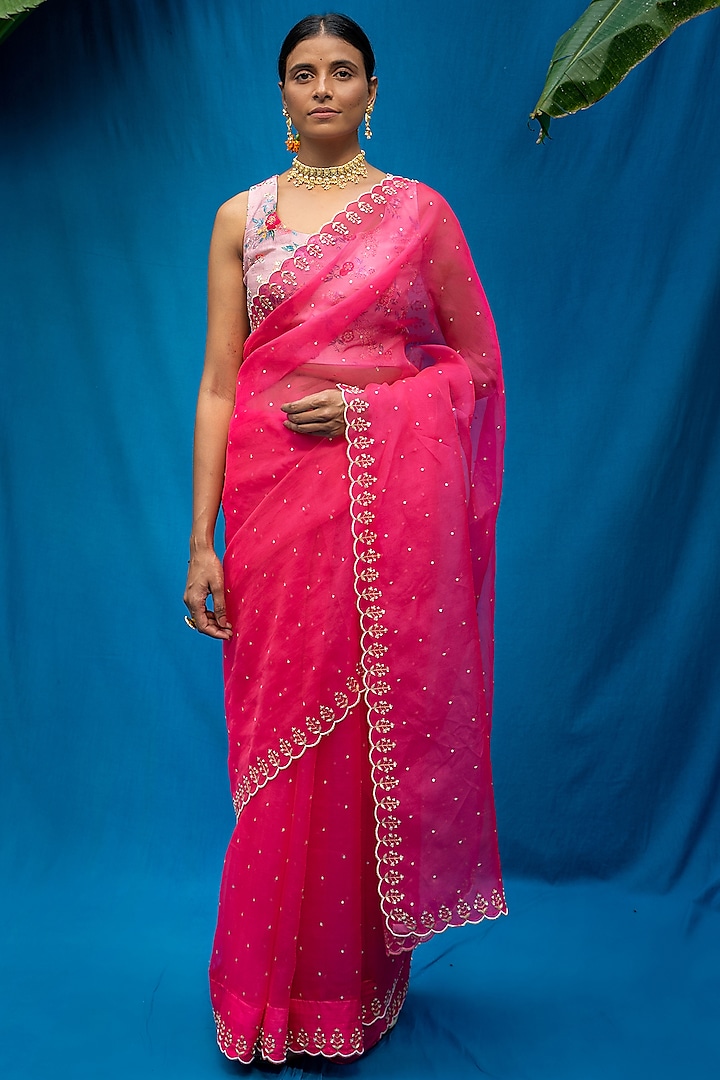 Fuchsia Hand Embellished Saree Set by Pita Nila