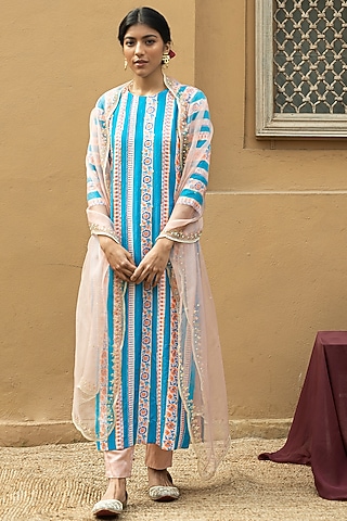 Sky Blue Printed & Hand Embroidered Kurta Set by Pita Nila
