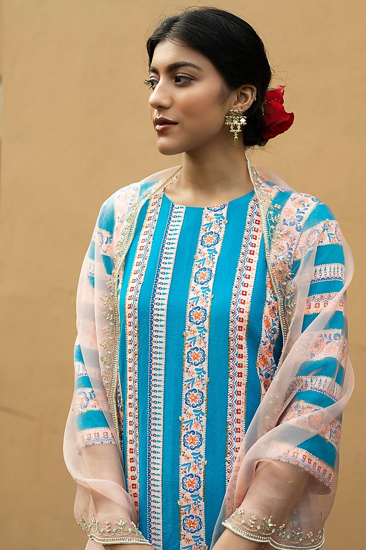 Sky Blue Printed & Hand Embroidered Kurta Set by Pita Nila at Pernia's Pop Up Shop