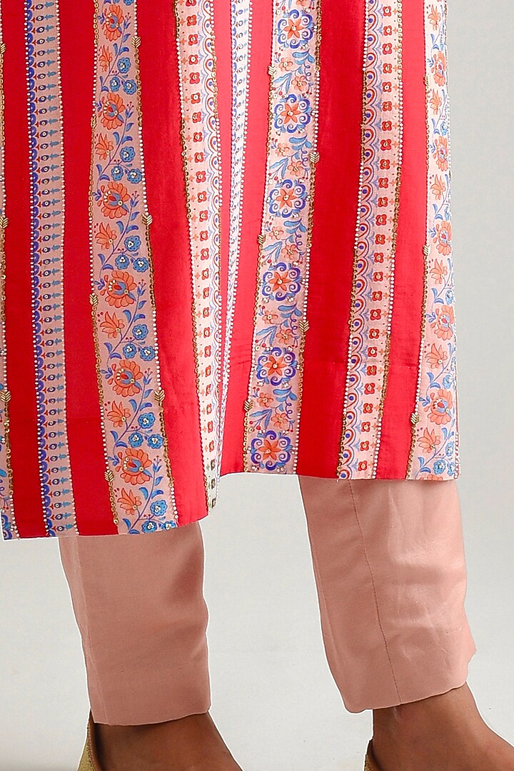 Bright Red Printed & Hand Embroidered Kurta Set by Pita Nila at Pernia's Pop Up Shop