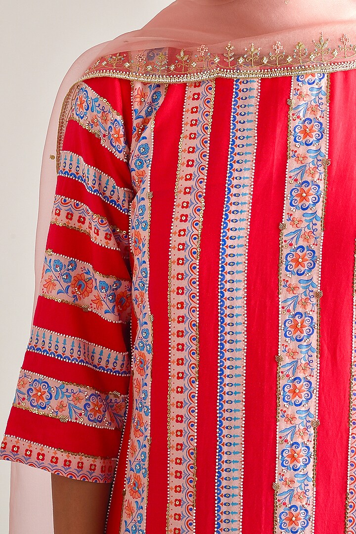 Bright Red Printed & Hand Embroidered Kurta Set by Pita Nila at Pernia's Pop Up Shop