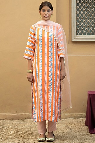 Orange Printed & Hand Embroidered Kurta Set by Pita Nila