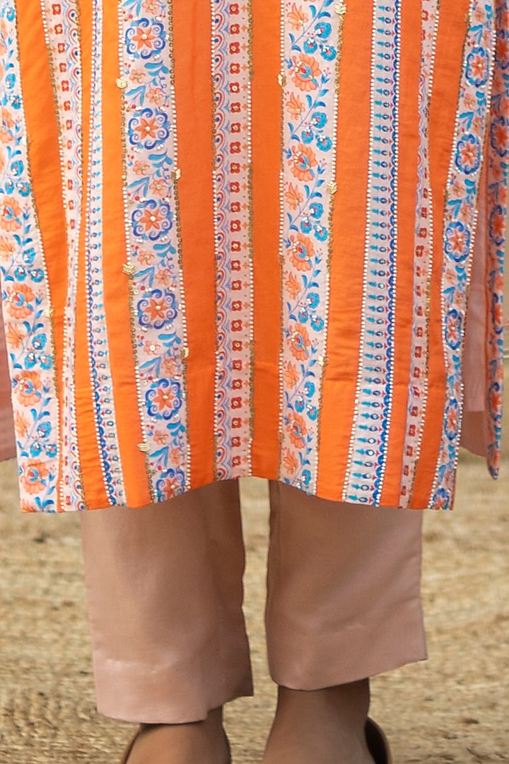 Orange Printed & Hand Embroidered Kurta Set by Pita Nila at Pernia's Pop Up Shop