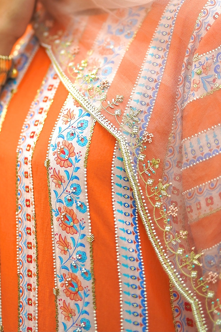 Orange Printed & Hand Embroidered Kurta Set by Pita Nila at Pernia's Pop Up Shop