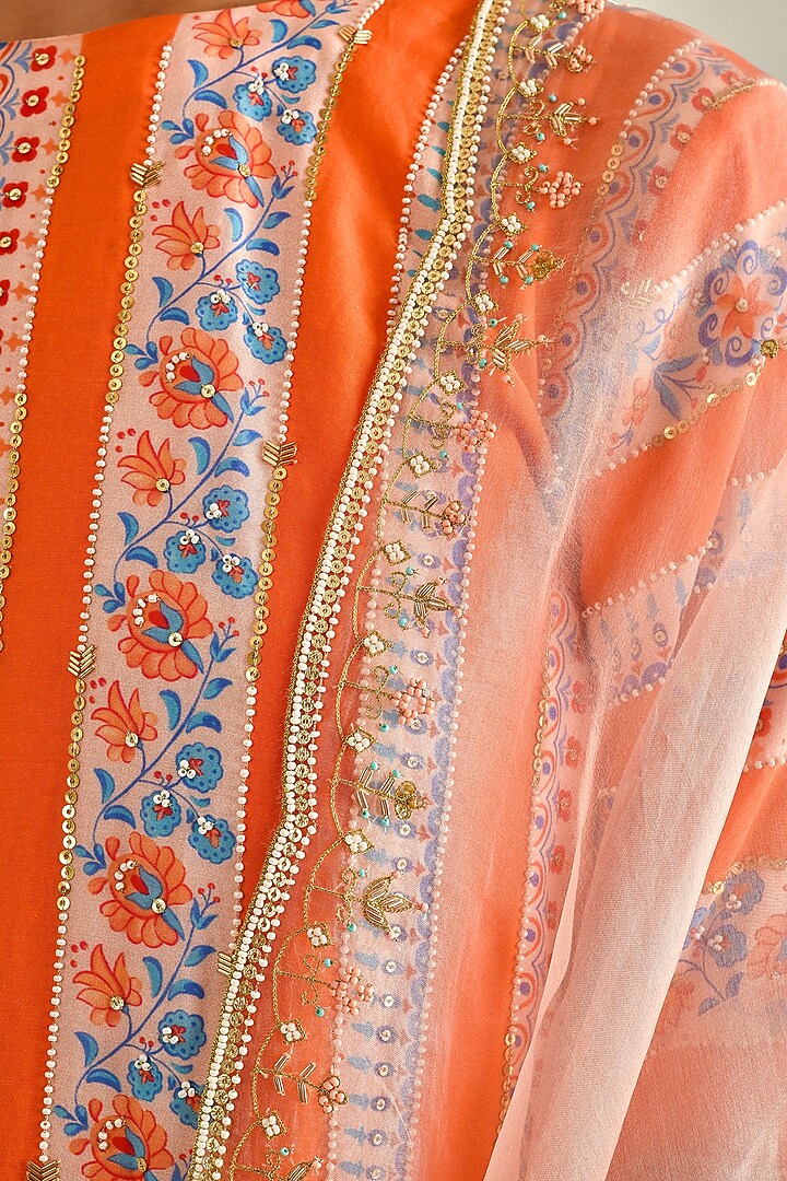 Orange Printed & Hand Embroidered Kurta Set by Pita Nila at Pernia's Pop Up Shop