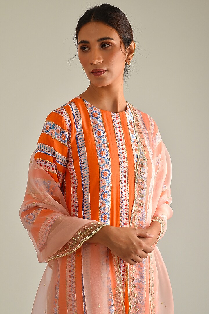 Orange Printed & Hand Embroidered Kurta Set by Pita Nila at Pernia's Pop Up Shop