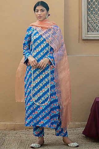 Cobalt Blue Printed & Hand Embroidered Kurta Set by Pita Nila