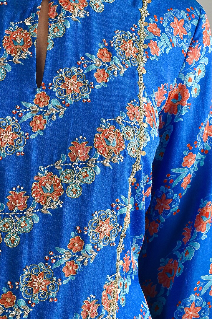 Cobalt Blue Printed & Hand Embroidered Kurta Set by Pita Nila at Pernia's Pop Up Shop