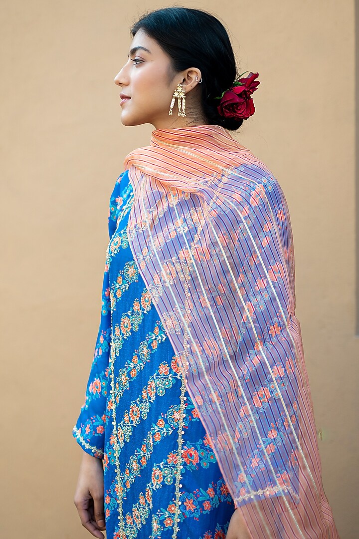 Cobalt Blue Printed & Hand Embroidered Kurta Set by Pita Nila at Pernia's Pop Up Shop