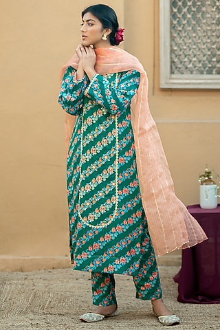 Emerald Green Printed & Hand Embroidered Kurta Set by Pita Nila