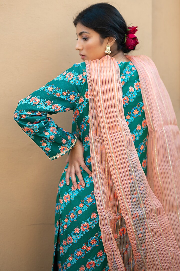 Emerald Green Printed & Hand Embroidered Kurta Set by Pita Nila at Pernia's Pop Up Shop