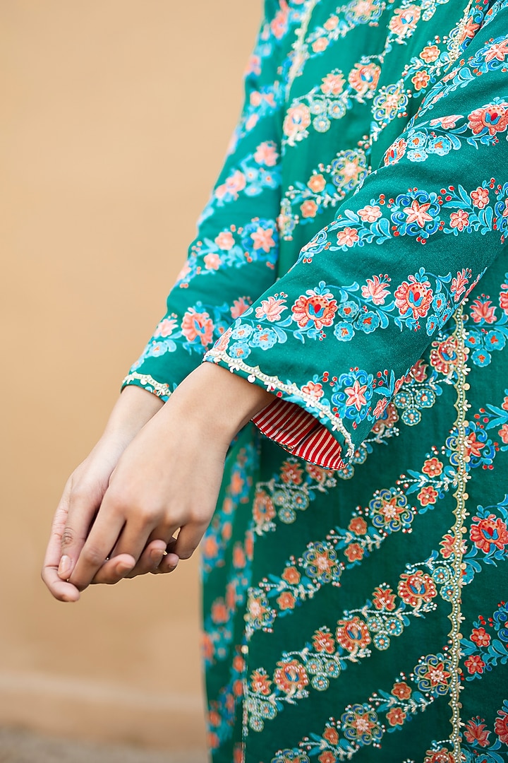 Emerald Green Printed & Hand Embroidered Kurta Set by Pita Nila at Pernia's Pop Up Shop