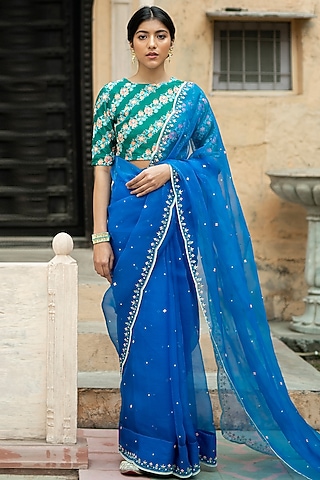 Cobalt Blue Hand Embroidered Saree Set by Pita Nila
