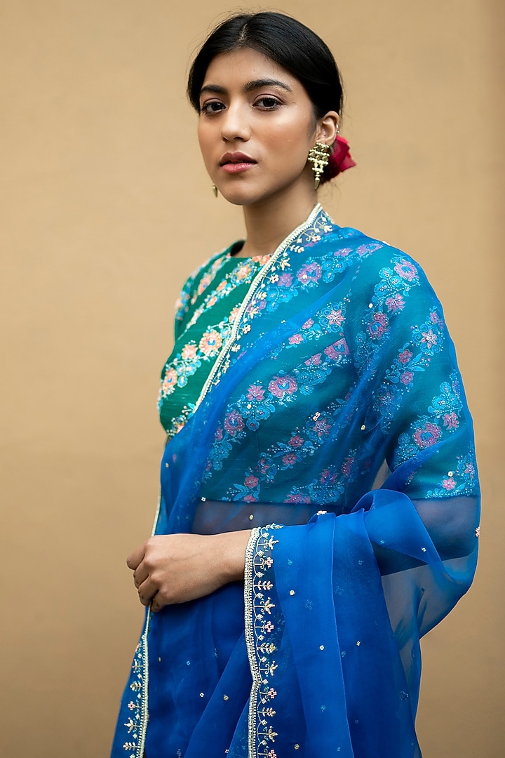 Cobalt Blue Hand Embroidered Wedding Saree Set by Pita Nila at Pernia's Pop Up Shop