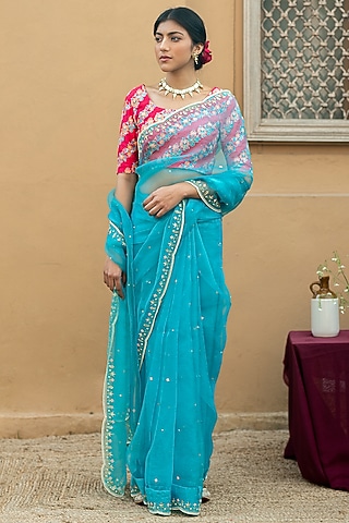 Cadet Blue Hand Embroidered Saree Set by Pita Nila