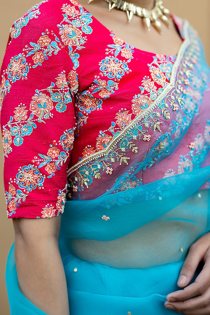 Cadet Blue Hand Embroidered Wedding Saree Set by Pita Nila at Pernia's Pop Up Shop