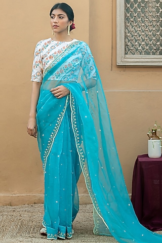 Cadet Blue Silk Organza Saree Set by Pita Nila