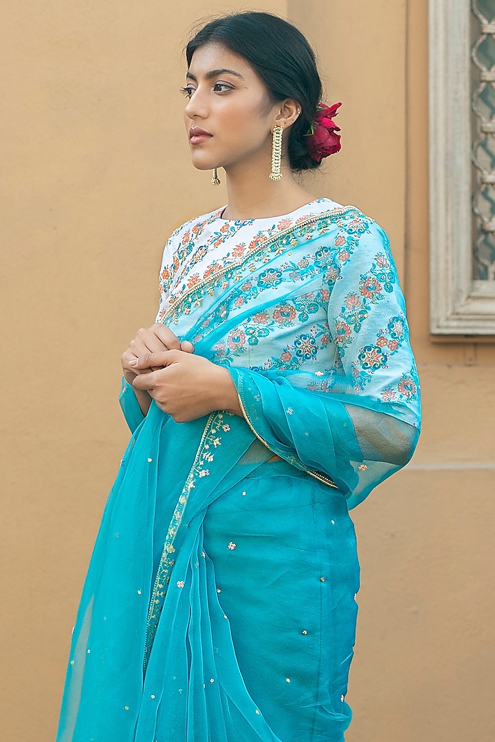 Cadet Blue Silk Organza Saree Set Design by Pita Nila at Pernia's Pop ...