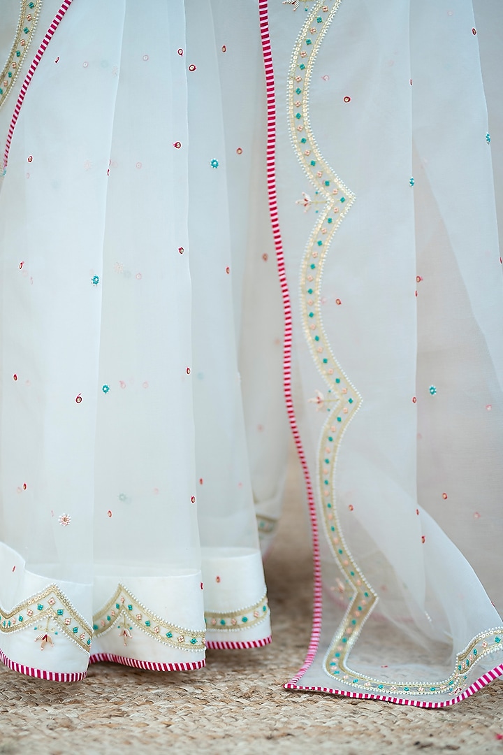 White Hand Embroidered Wedding Saree Set by Pita Nila at Pernia's Pop Up Shop
