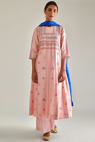 Peach Printed & Hand Embroidered A-Line Kurta Set by Pita Nila