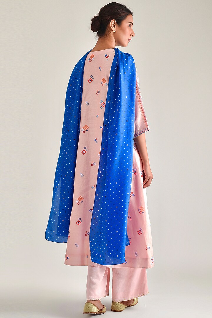 Peach Printed & Hand Embroidered A-Line Kurta Set by Pita Nila at Pernia's Pop Up Shop